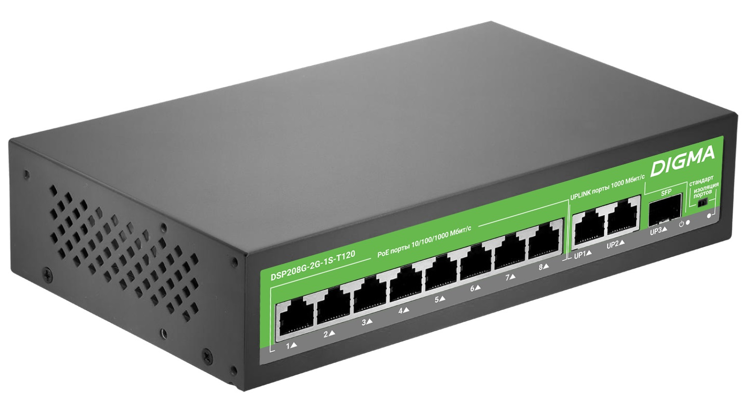 Коммутатор Digma DSP208G-2G-1S-T120 (L2) 10x1Гбит/с 1SFP 8PoE 8PoE+ 120W неуправляемый
