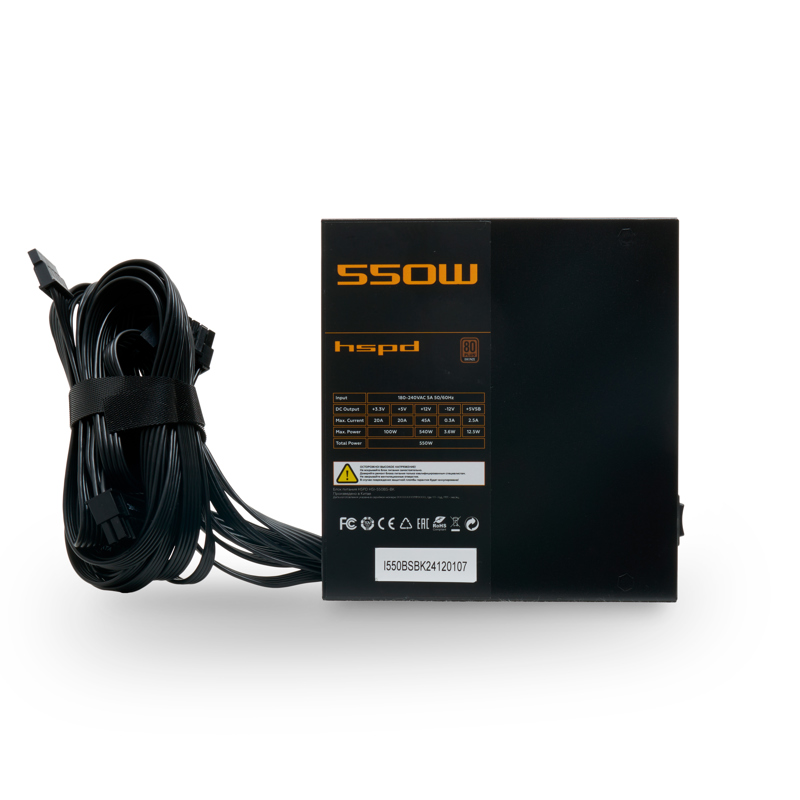 Блок питания HSPD, 550W 80+ Bronze (ATX, 2.31, Semi-modular, 1x24(20+4)pin 550mm, 1xCPU*2 8(4+4)pin 