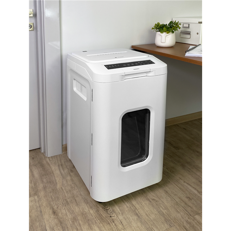 Шредер Heleos АП55-5 белый с автоподачей (секр.P-5) фрагменты 13лист. 55лтр. скрепки скобы пл.карты 