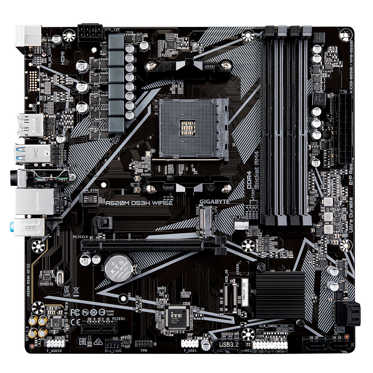 Материнская плата Gigabyte A520M DS3H WF6E A520, AM4, 4xDDR4, 1_PCI-Ex16,4_M.2, 6_USB3.2Gen1, 8_USB2