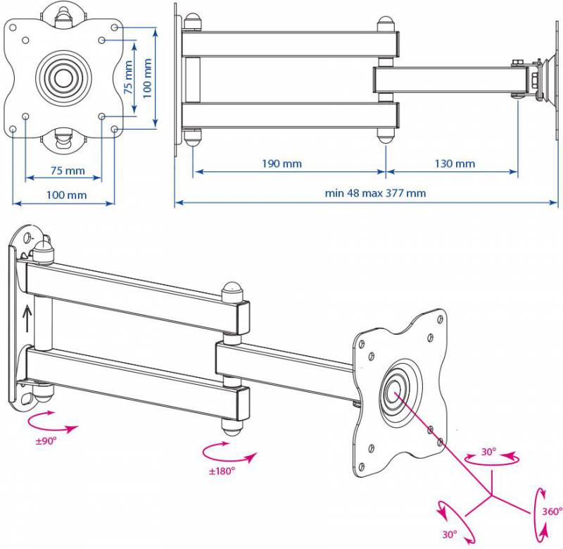 Кронштейн для телевизора Kromax DIX-15 черный 15"-28" макс.30кг настенный поворот и наклон