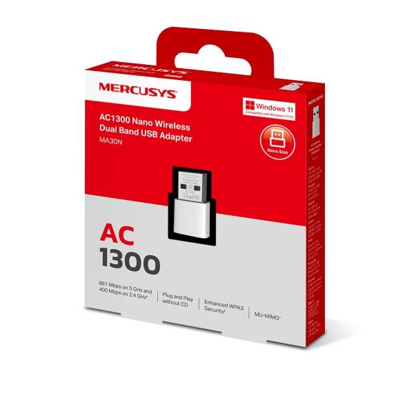 Сетевой адаптер Wi-Fi Mercusys MA30N AC1300 USB 2.0 (ант.внутр.)
