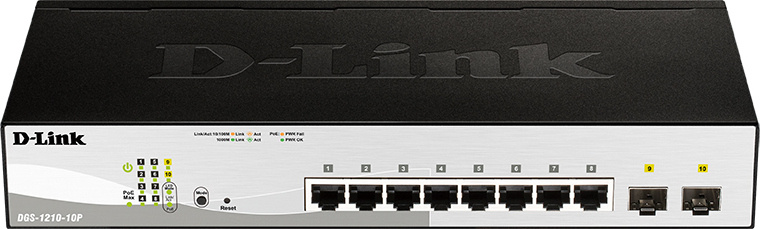 Коммутатор D-Link DGS-1210-10P/F3A (L2) 8x1Гбит/с 2SFP 8PoE 65W настраиваемый