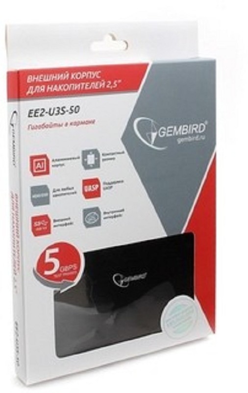 Gembird EE2-U3S-50 Внешний корпус 2.5" чёрный, USB 3.0, SATA, до 2 Тб, алюминий