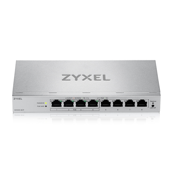 Коммутатор Web Smart L2 коммутатор Zyxel GS1200-8HPv3, 8xGE (4xPoE+), бюджет PoE 68 Вт, настольный, 