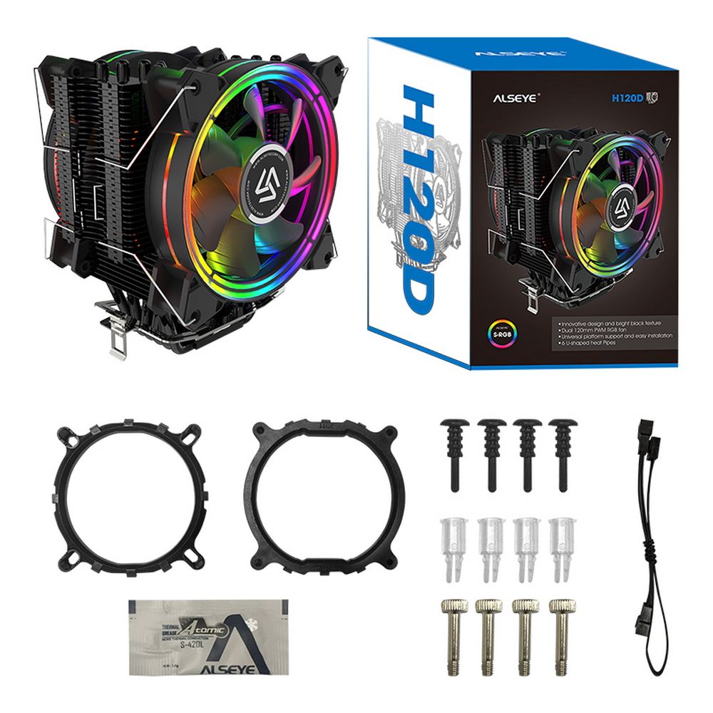 Вентилятор ALSEYE H120D Universal, TDP 200W, Heat Pipe:6mm*6pcs, 800/2000RPM, 11.6-35.3dB(A), RGB, R