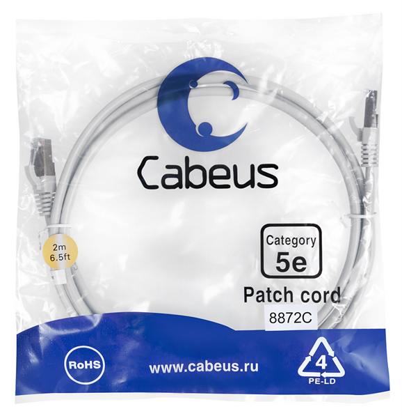 Cabeus PC-FTP-RJ45-Cat.5e-2m-LSZH Патч-корд F/UTP, категория 5е, 2xRJ45/8p8c, экранированный, серый,