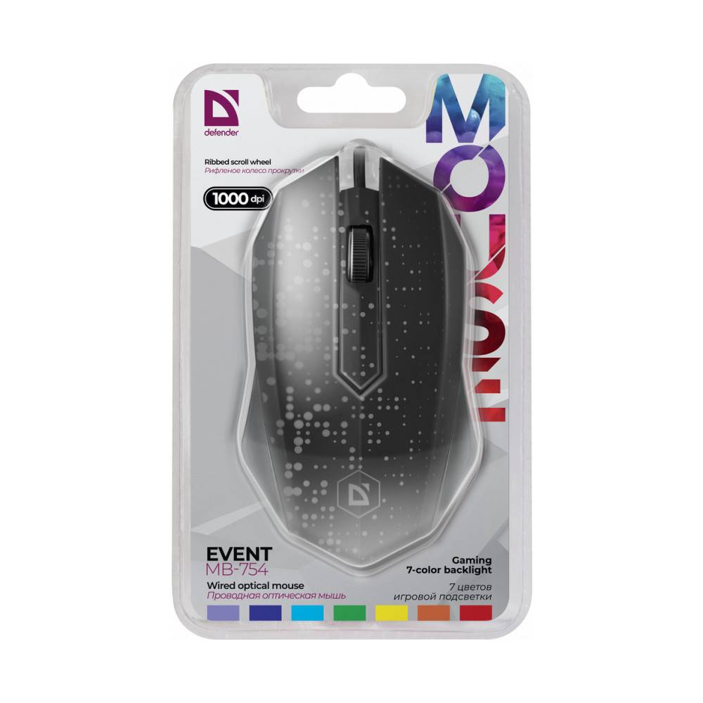 Defender Мышь проводная оптическая Event MB-754 7цветов,3кнопки,1000dpi,черный