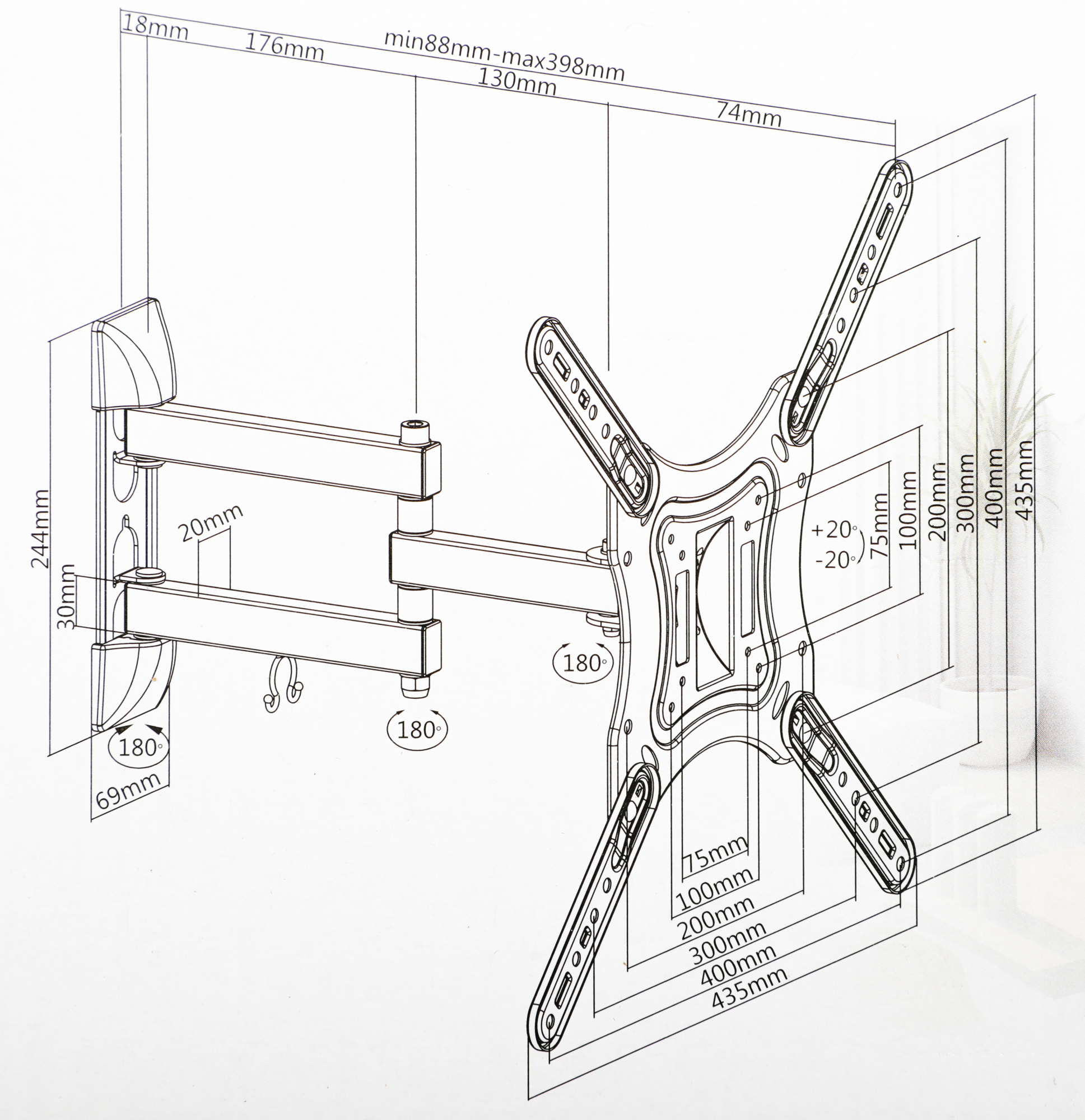 Кронштейн для телевизора Ultramounts UM870 черный 23"-55" макс.30кг настенный поворот и наклон