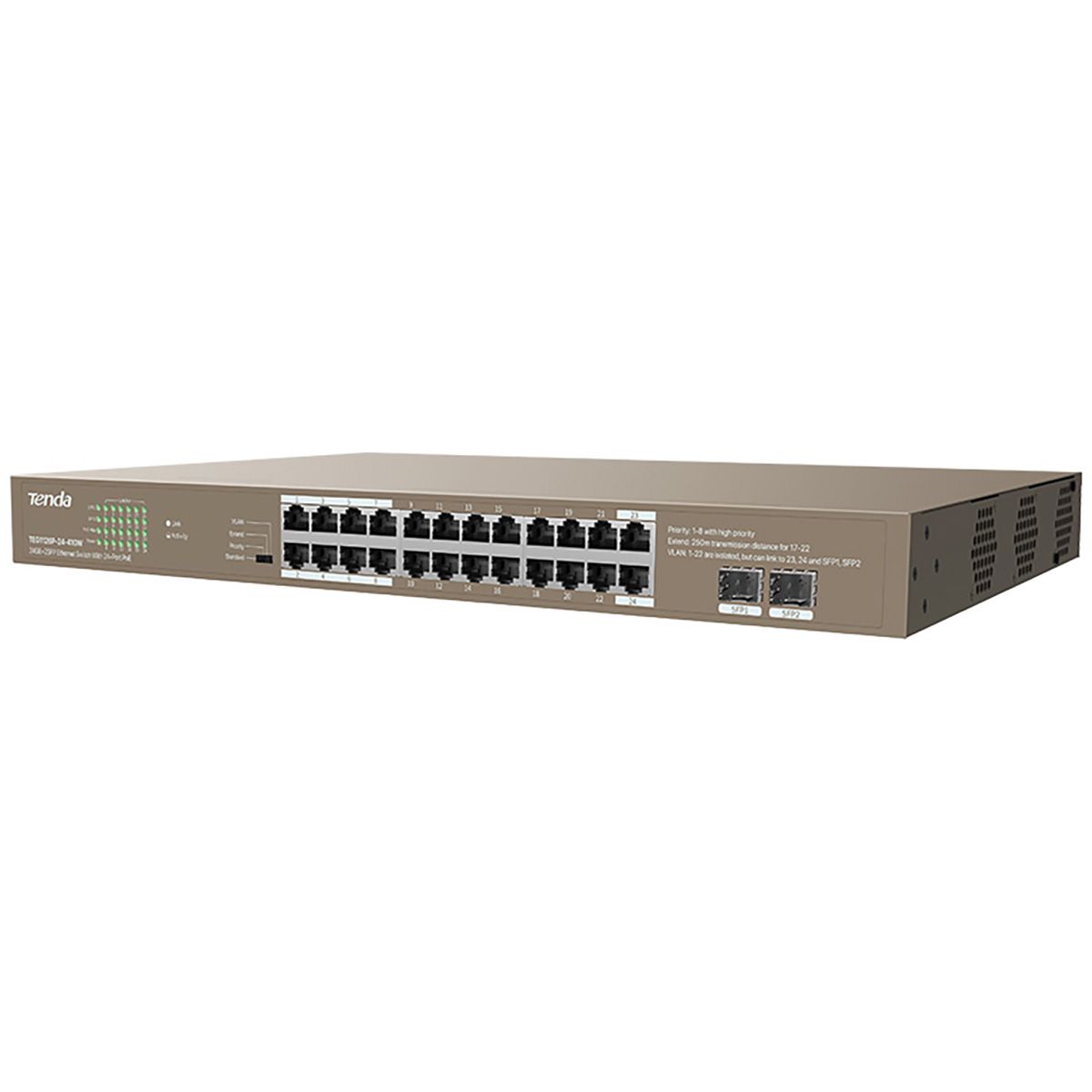 Коммутатор Tenda TEG1126P-24-410W (L2) 24x1Гбит/с 2SFP 24PoE 370W неуправляемый