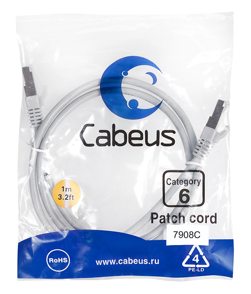 Патч-корд F/UTP, категория 6, 2xRJ45/8p8c, экранированный, серый, LSZH, 1м Cabeus PC-FTP-RJ45-Cat.6-