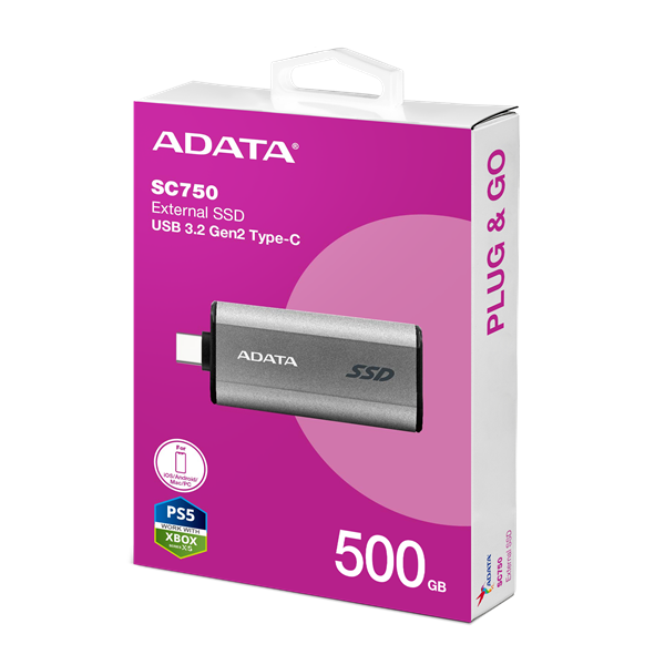 Накопитель SSD A-Data USB3.2 Gen2 500GB SC750-500G-CCBK SC750 серый