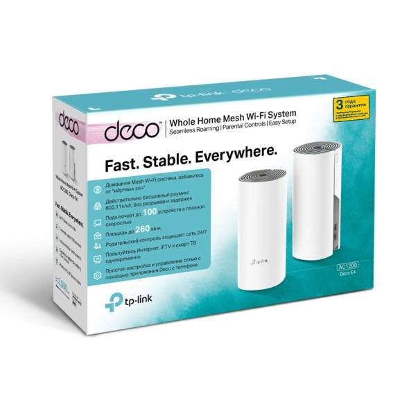 TP-Link Deco E4(2-pack), AC1200 Домашняя Mesh Wi-Fi система, 2 устройства, до 300 Мбит/с на 2,4 ГГц 
