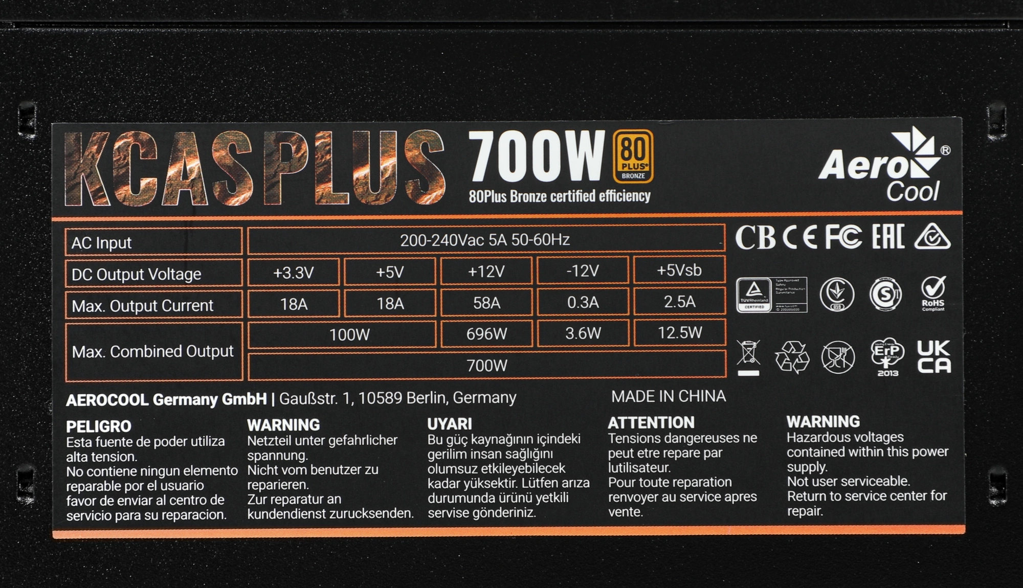 Блок питания Formula V Line KCAS PLUS 700W, 700W, APFC, 80+ Bronze, ATX12V v2.4, 12cm Fan (ex Aeroco