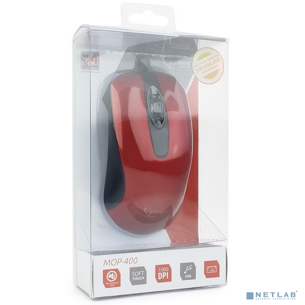 Gembird MOP-400-R красный USB {Мышь, бесшумный клик, 2 кнопки+колесо кнопка, 1000 DPI,  soft-touch, 