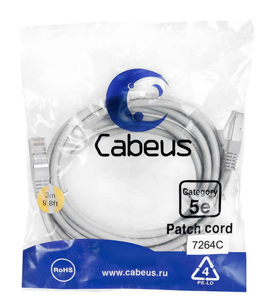 Cabeus PC-FTP-RJ45-Cat.5e-3m Патч-корд F/UTP, категория 5е, 2xRJ45/8p8c, экранированный, серый, PVC,