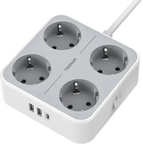 Сетевой фильтр TESSAN TS-302-C с 4 розетками 220В, 2 USB и 1 USB-C портами и кнопкой питания