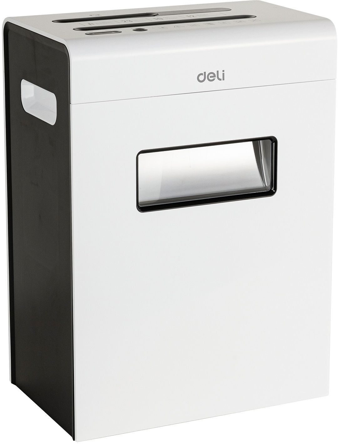 Шредер Deli E9903-EU белый/черный (секр.P-4) фрагменты 12лист. 23лтр. скрепки скобы пл.карты CD